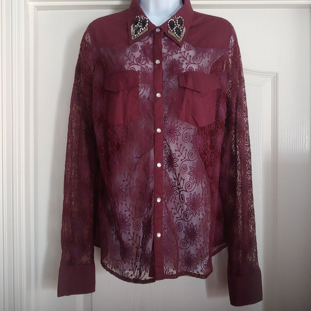 Bke Boutique Crystals Lace Embroidered Western Cowgirl Dark Romantic Sexy Snap L